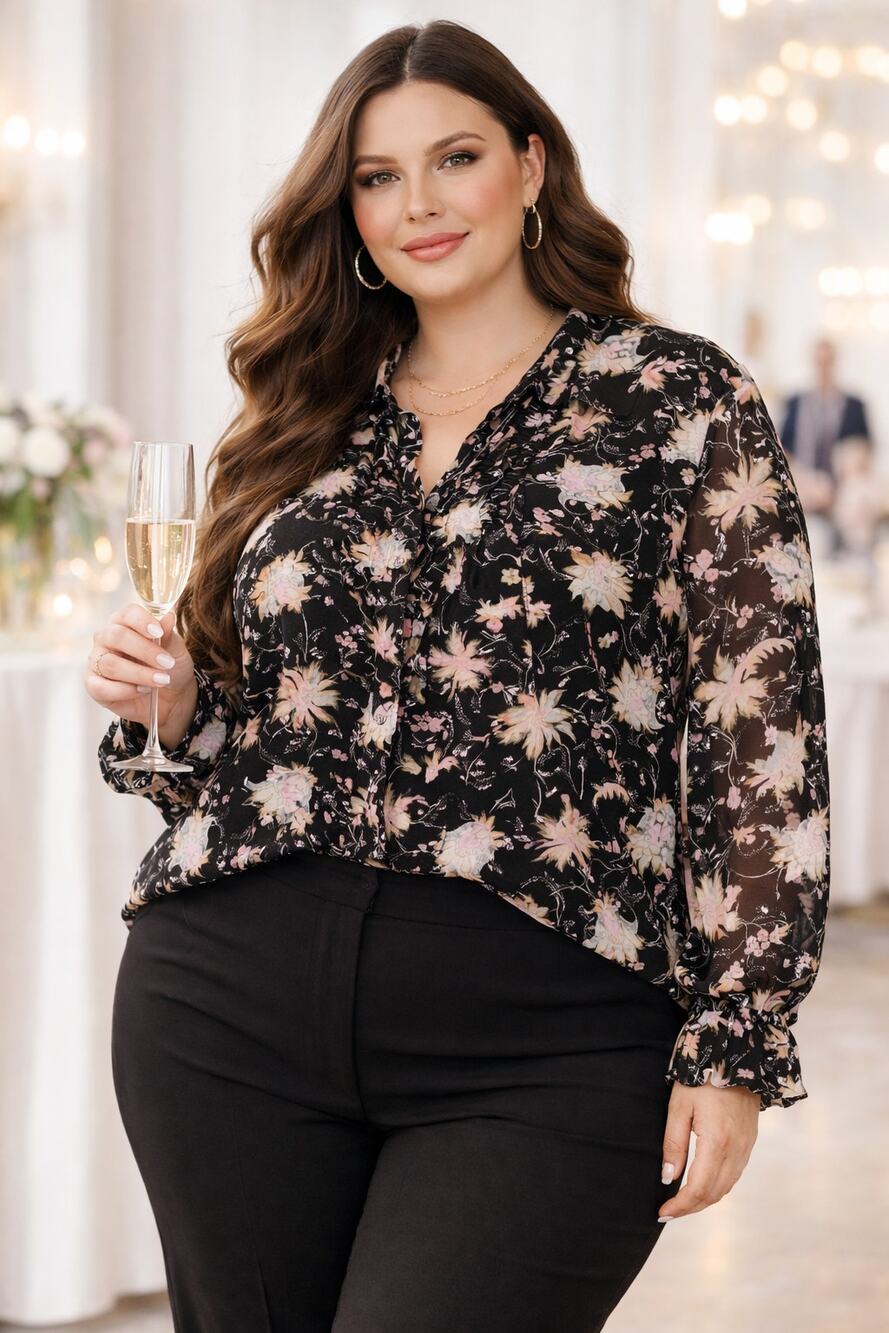 INC 3X Black Floral Ruffle Blouse Plus Size Button Front Lined Feminine Top